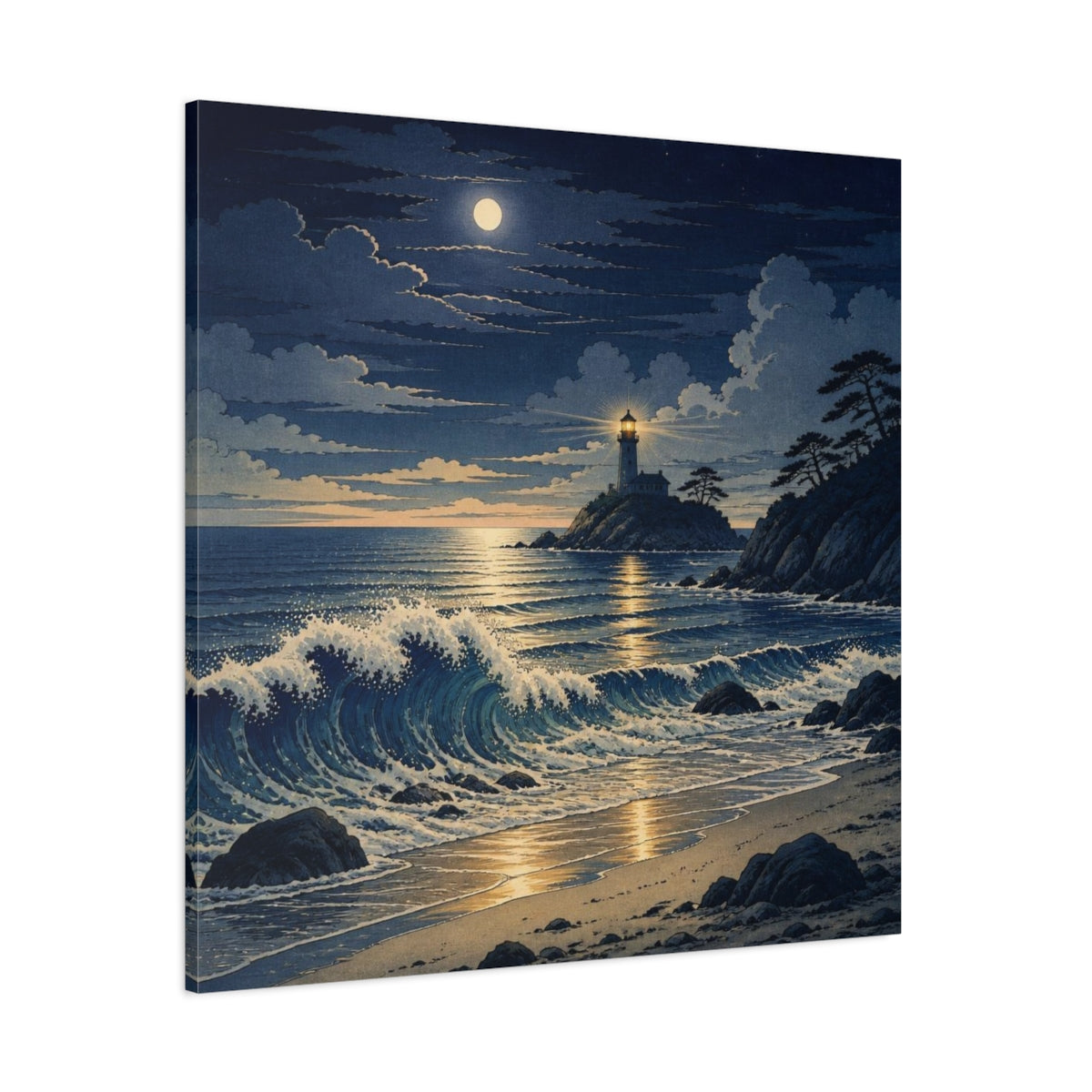 Side Mockup 1. Coastal Lighthouse At Night shown as canvas print