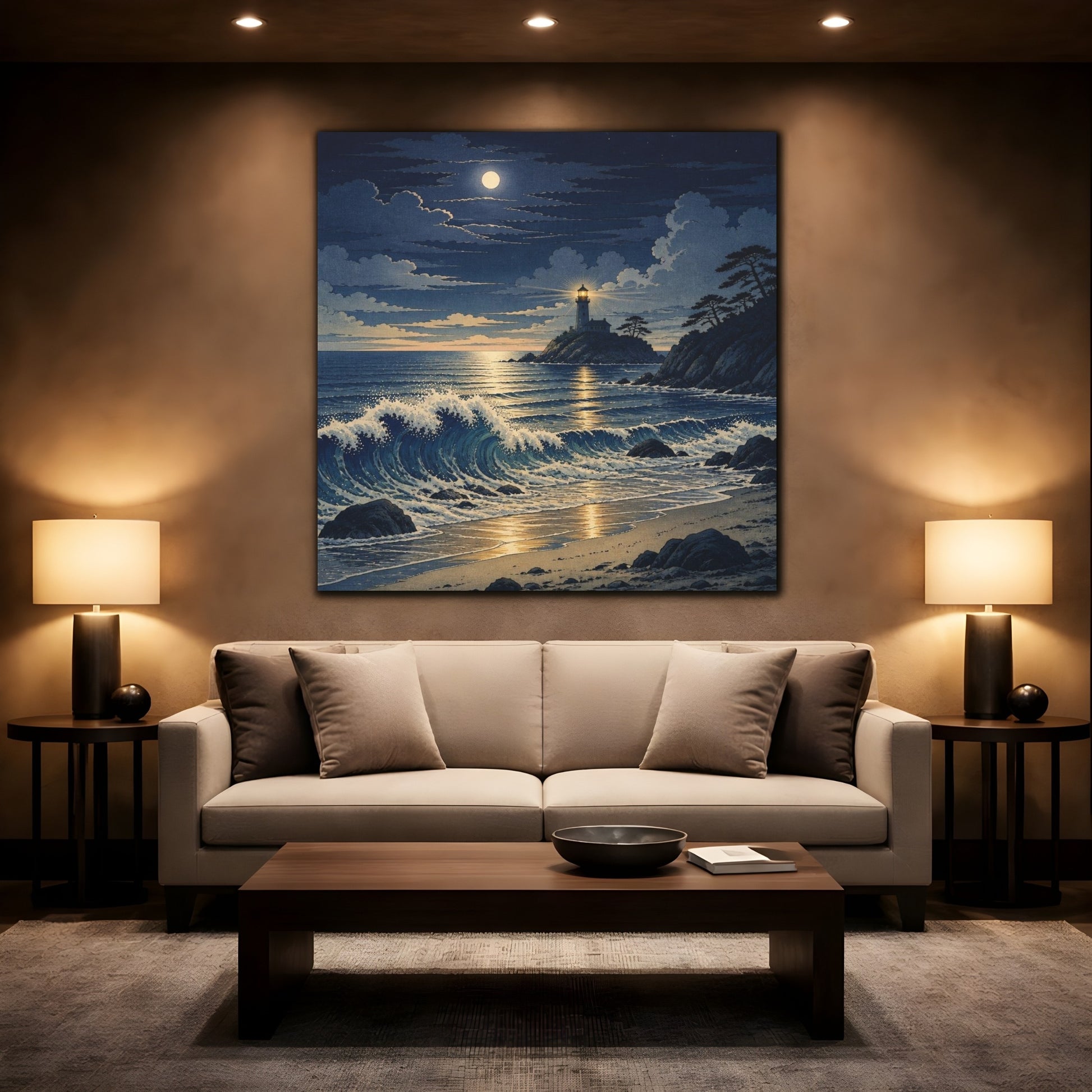 Mockup 2. Coastal Lighthouse At Night shown as canvas print