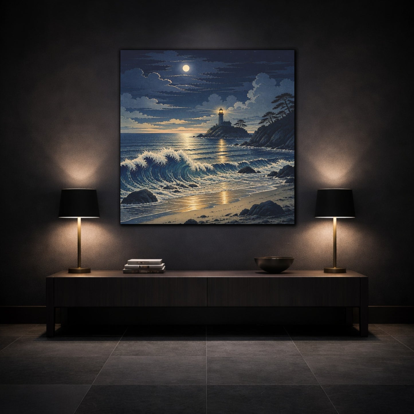 Mockup 3. Coastal Lighthouse At Night shown as canvas print