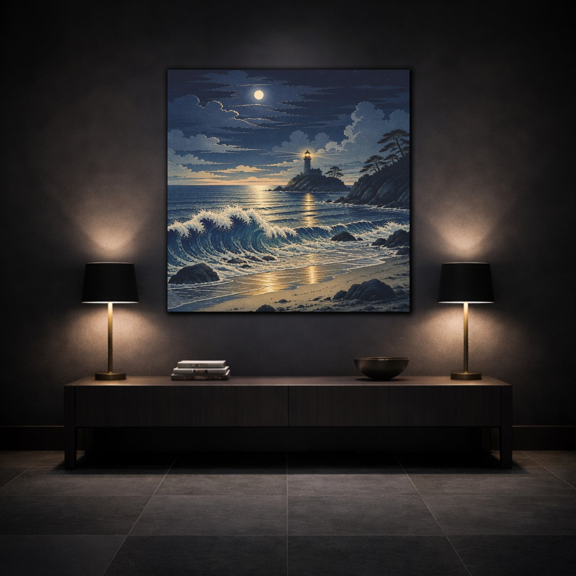 Mockup 3. Coastal Lighthouse At Night shown as canvas print