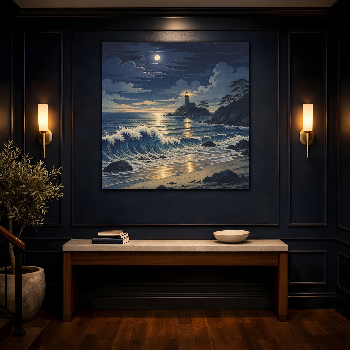 Mockup 4. Coastal Lighthouse At Night shown as canvas print