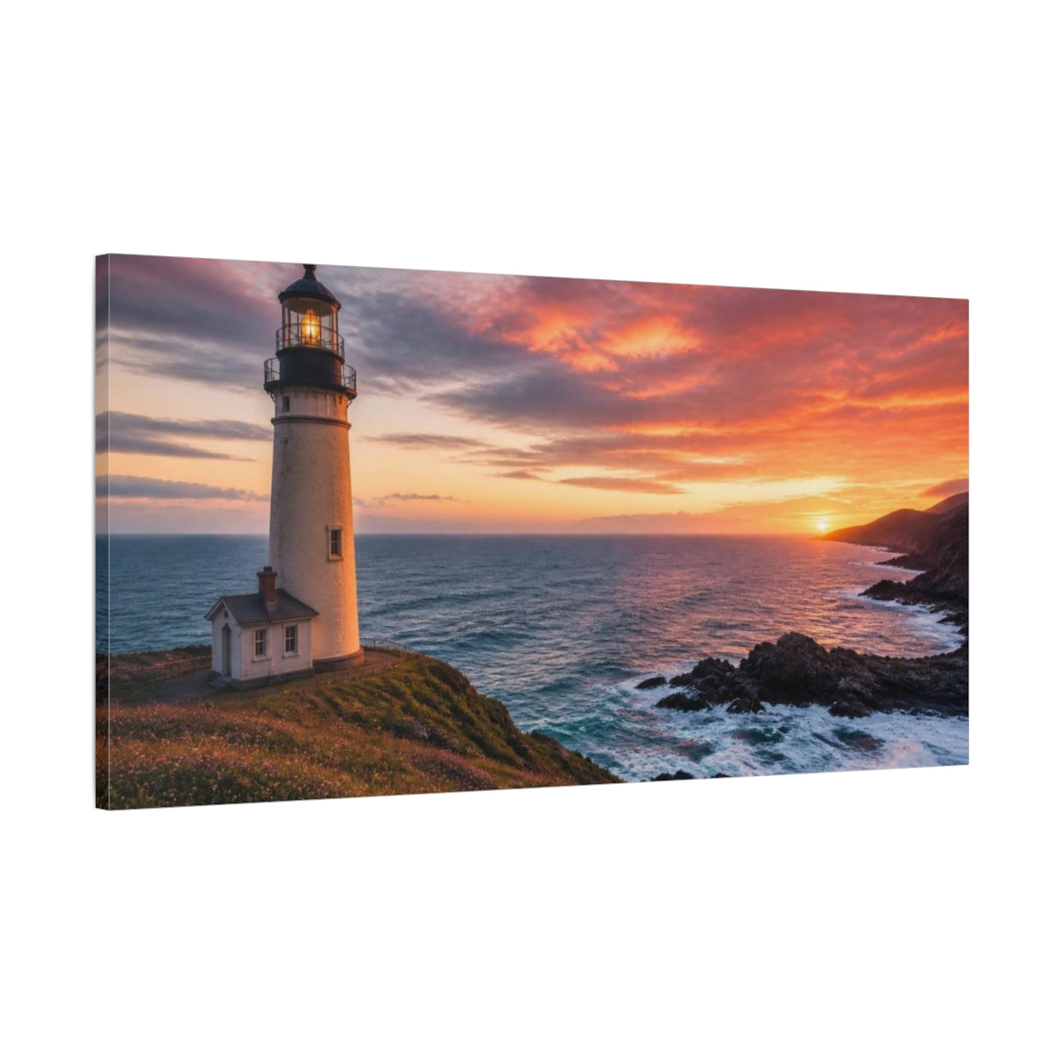 Main Mockup. Coastal Lighthouse At Sunset shown as canvas print