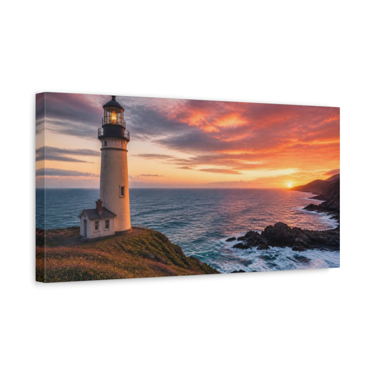 Side Mockup 3. Coastal Lighthouse At Sunset shown as canvas print