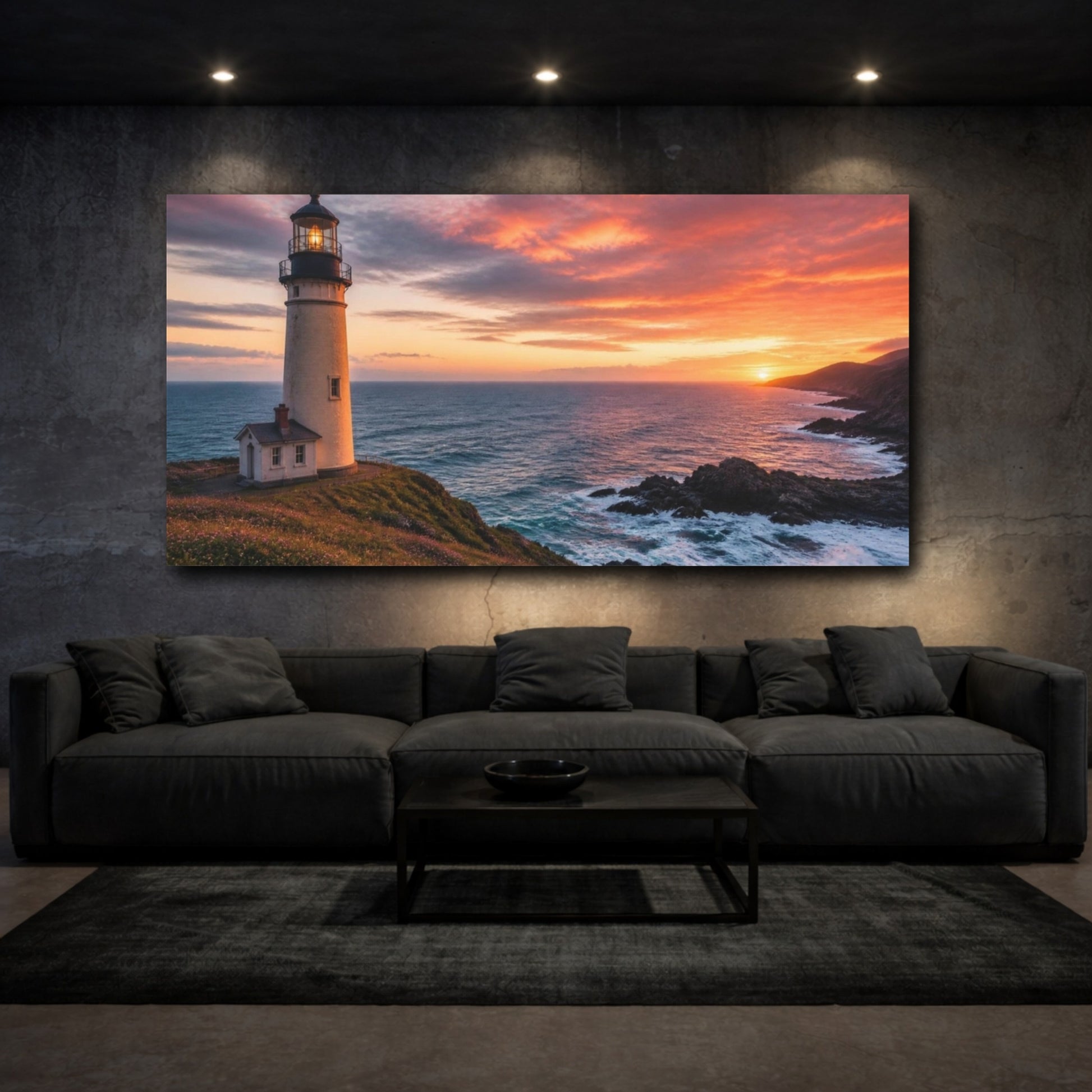 Mockup 3. Coastal Lighthouse At Sunset shown as canvas print
