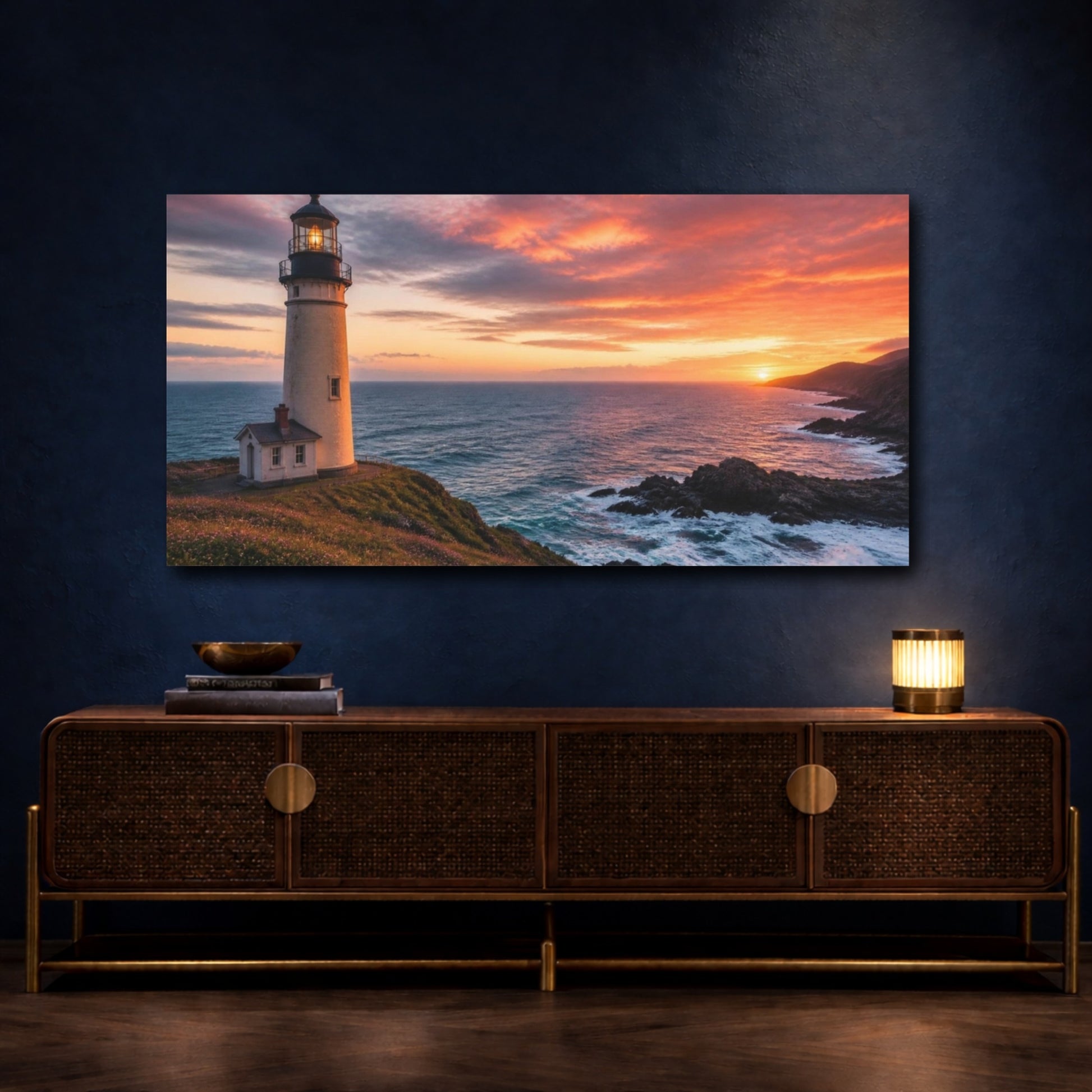 Mockup 4. Coastal Lighthouse At Sunset shown as canvas print