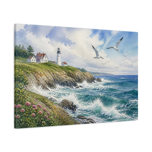 Main Mockup. Coastal Lighthouse Landscape shown as canvas print