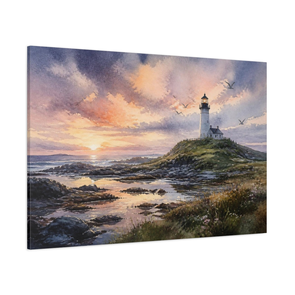 Side Mockup 1. Coastal Lighthouse Landscape shown as canvas print