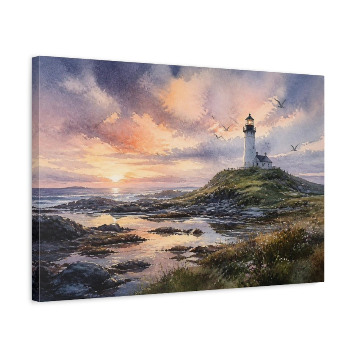 Side Mockup 3. Coastal Lighthouse Landscape shown as canvas print