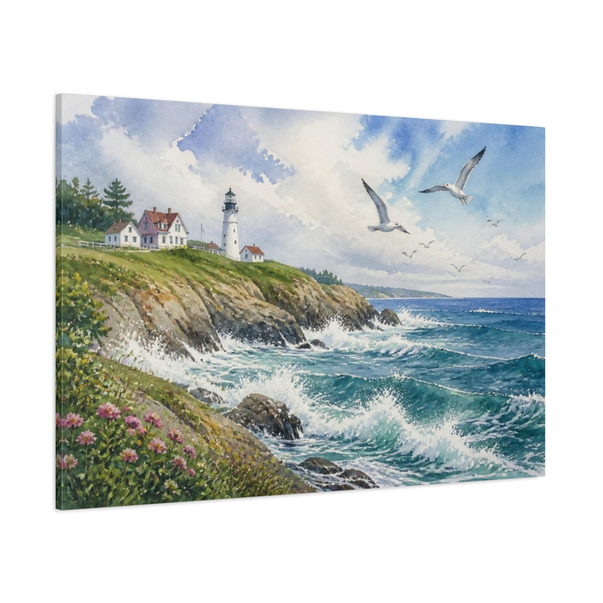 Side Mockup 1. Coastal Lighthouse Landscape shown as canvas print