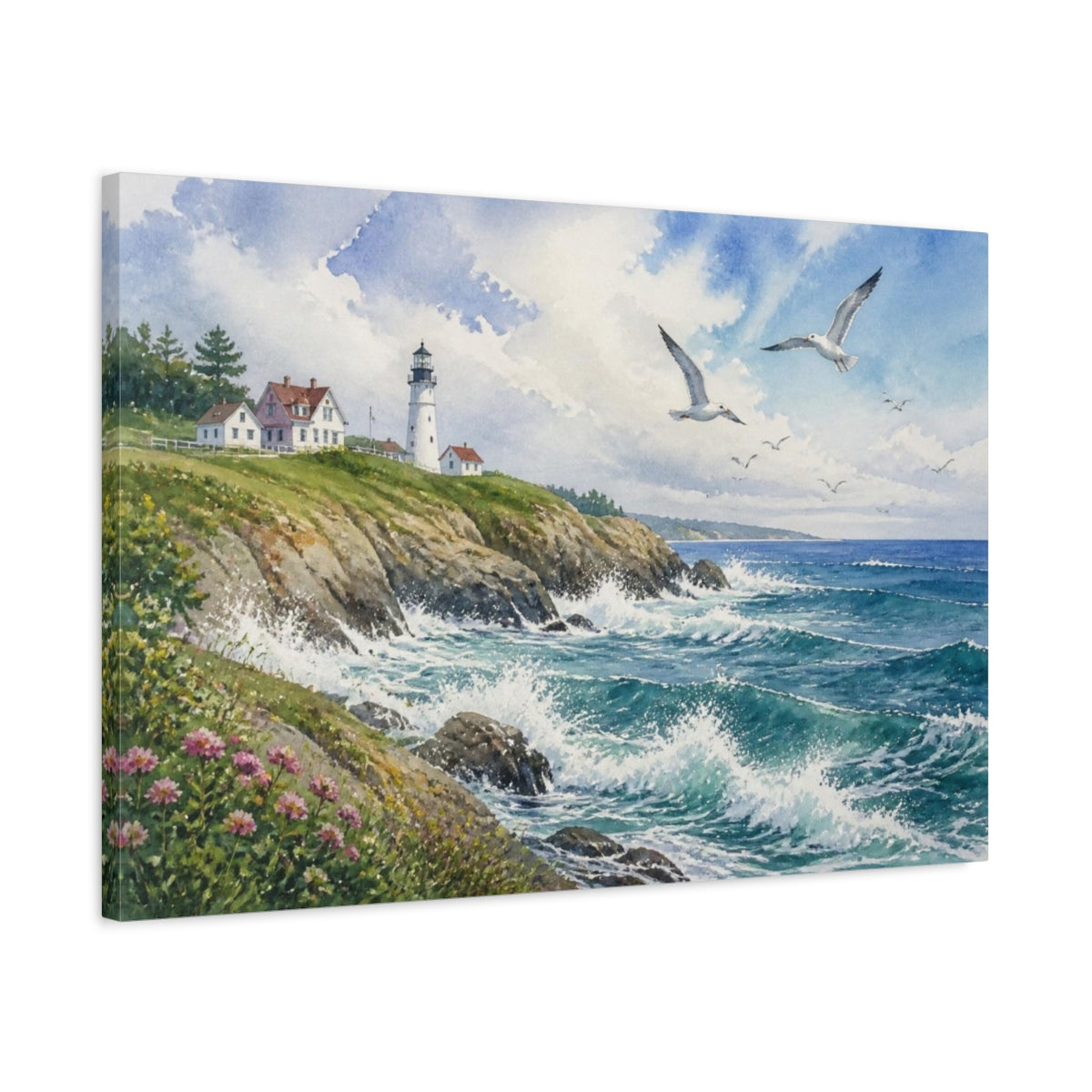 Side Mockup 2. Coastal Lighthouse Landscape shown as canvas print