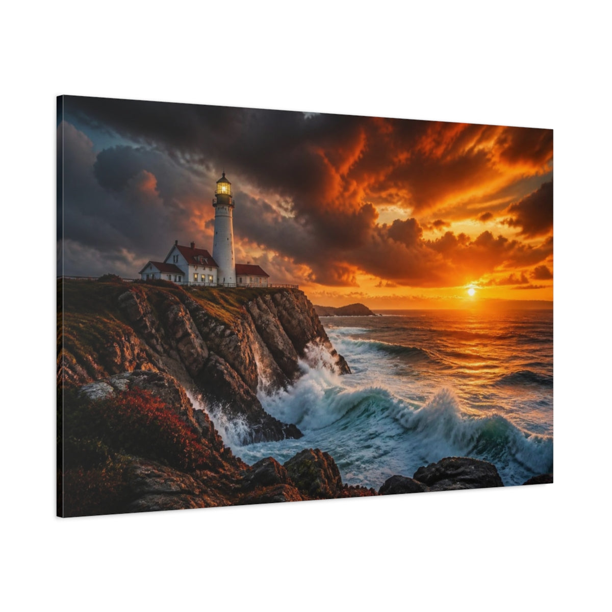 Side Mockup 1. Coastal Lighthouse Landscape shown as canvas print