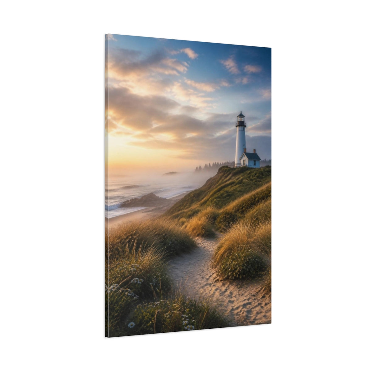 Side Mockup 1. Coastal Lighthouse Landscape shown as canvas print