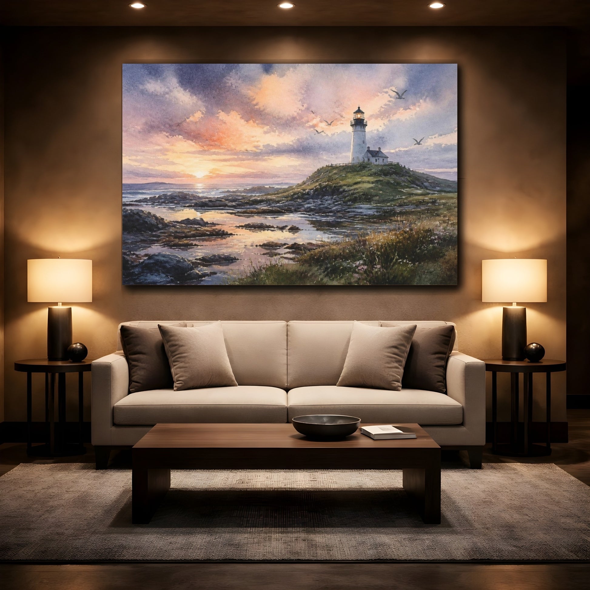 Mockup 2. Coastal Lighthouse Landscape shown as canvas print