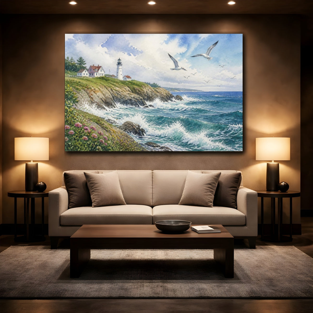 Mockup 2. Coastal Lighthouse Landscape shown as canvas print