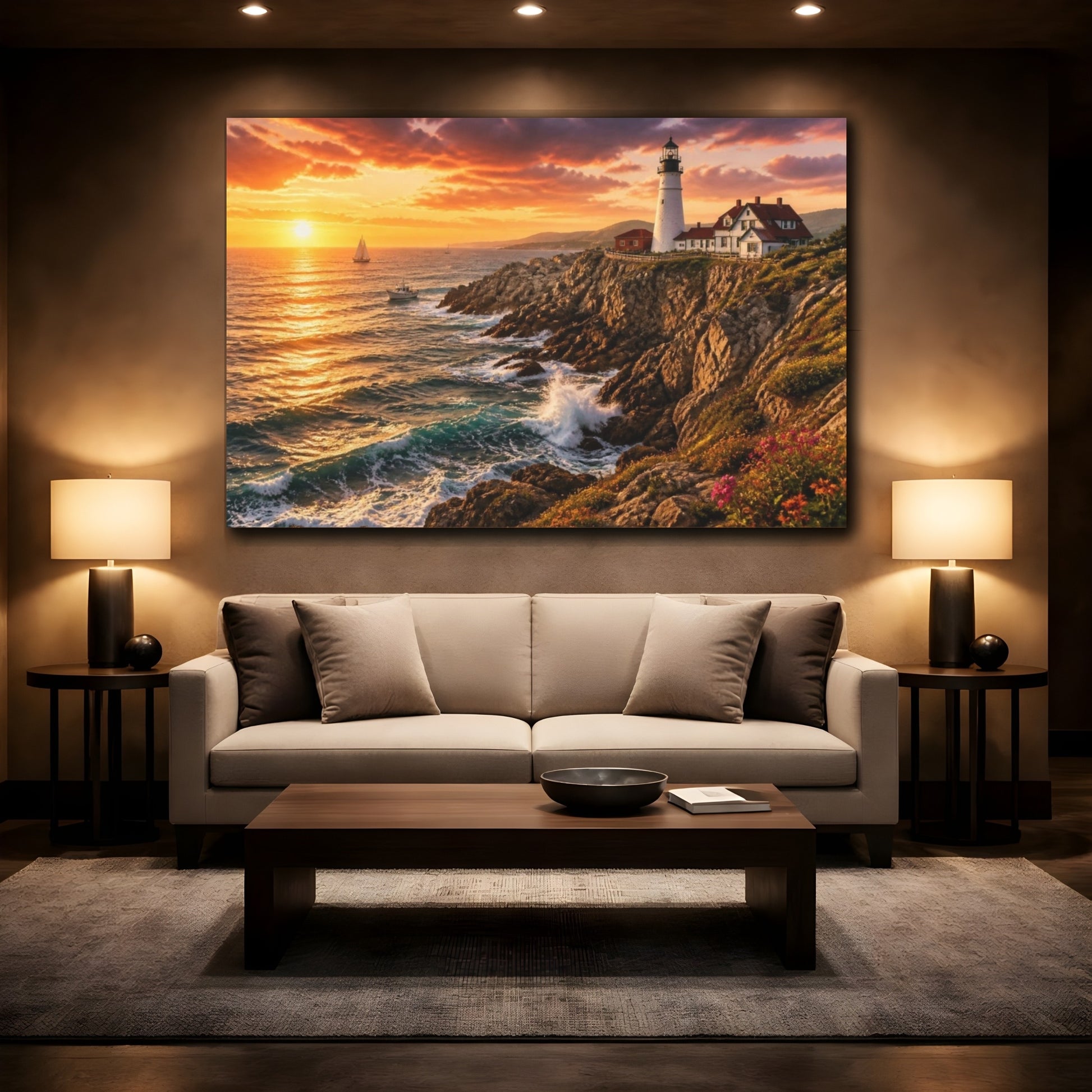 Mockup 2. Coastal Lighthouse Landscape shown as canvas print