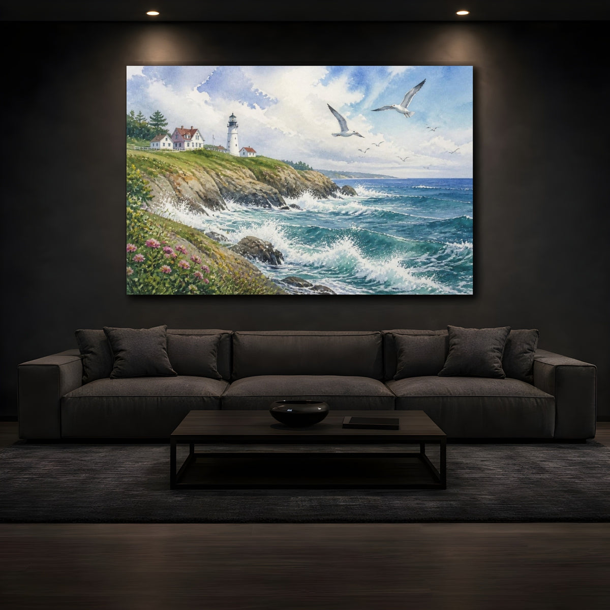 Mockup 3. Coastal Lighthouse Landscape shown as canvas print