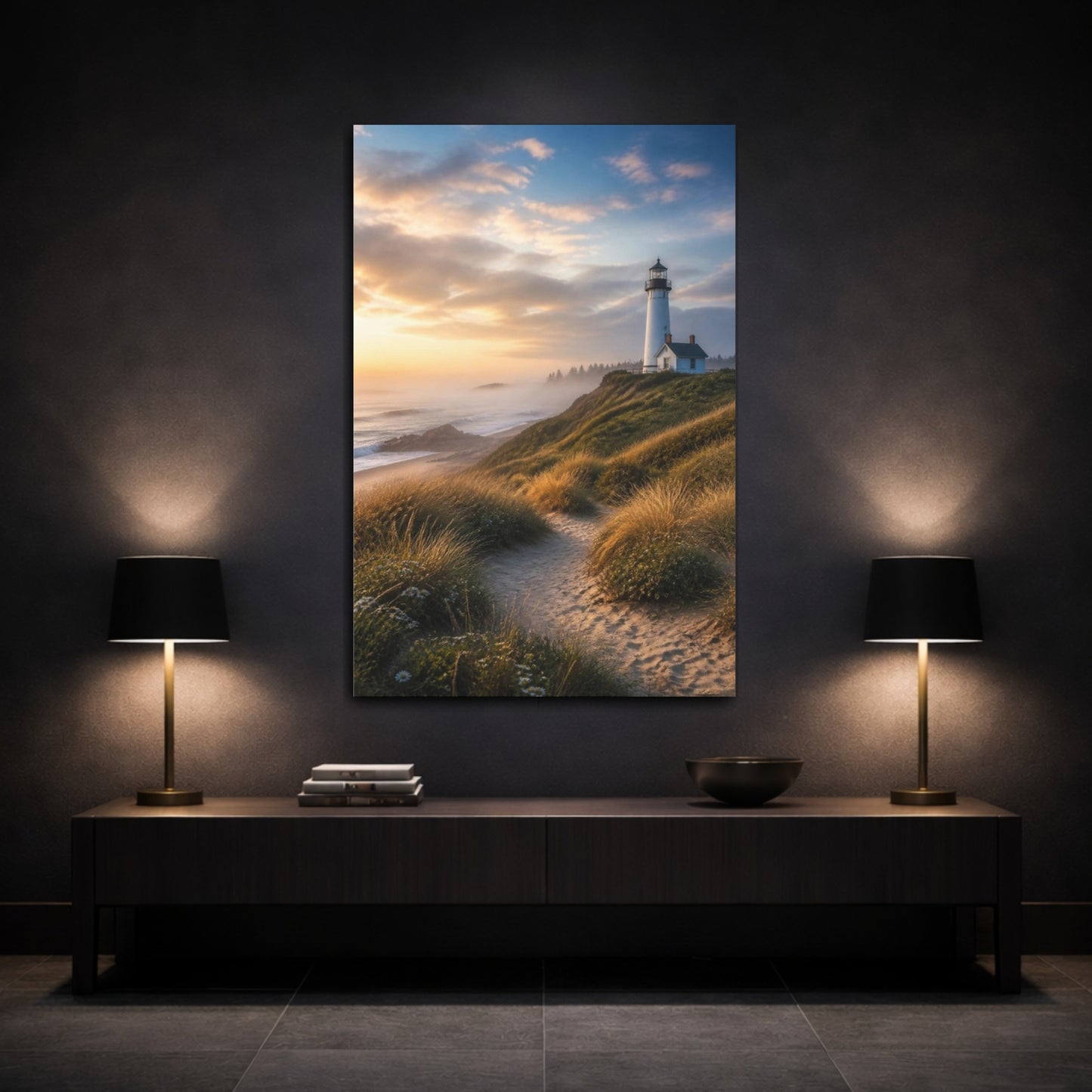 Mockup 3. Coastal Lighthouse Landscape shown as canvas print