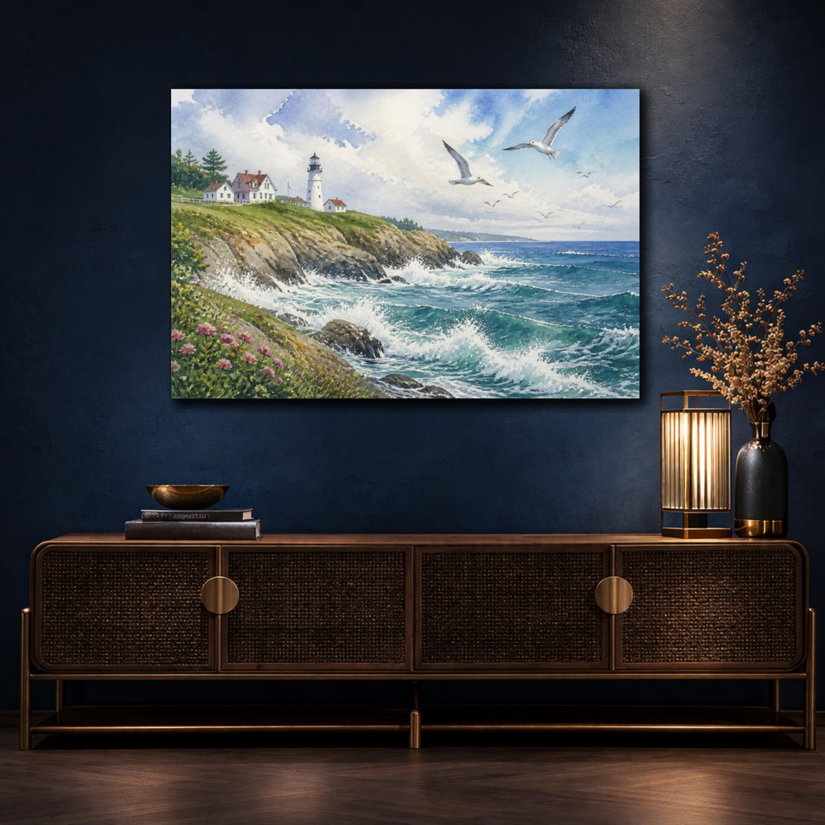 Mockup 4. Coastal Lighthouse Landscape shown as canvas print