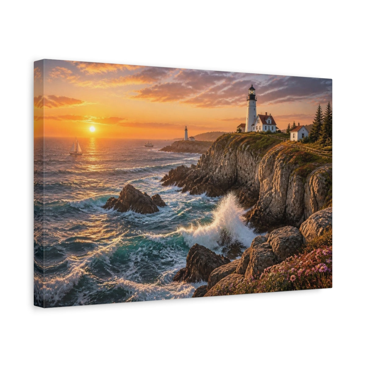 Side Mockup 4. Coastal Lighthouse Sunset Landscape shown as canvas print