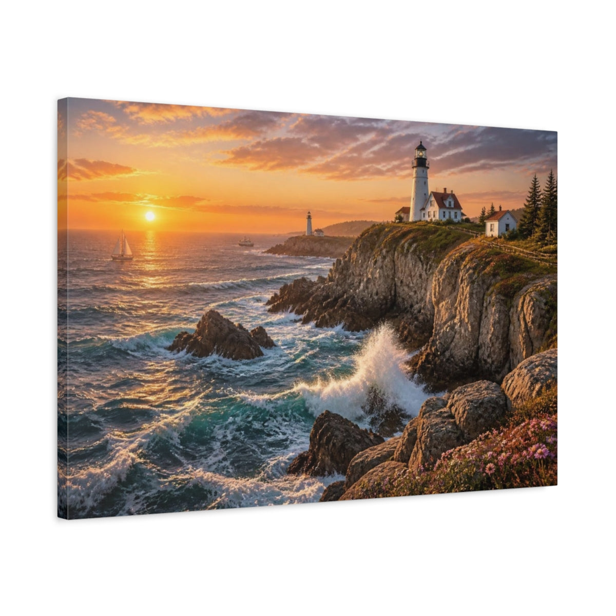 Side Mockup 2. Coastal Lighthouse Sunset Landscape shown as canvas print