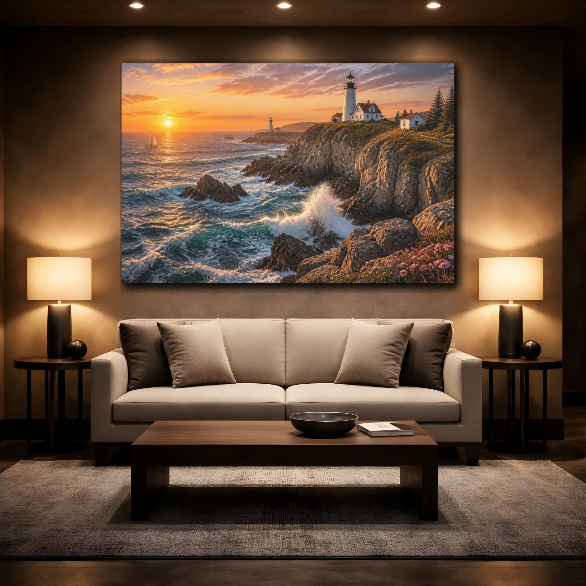 Mockup 2. Coastal Lighthouse Sunset Landscape shown as canvas print