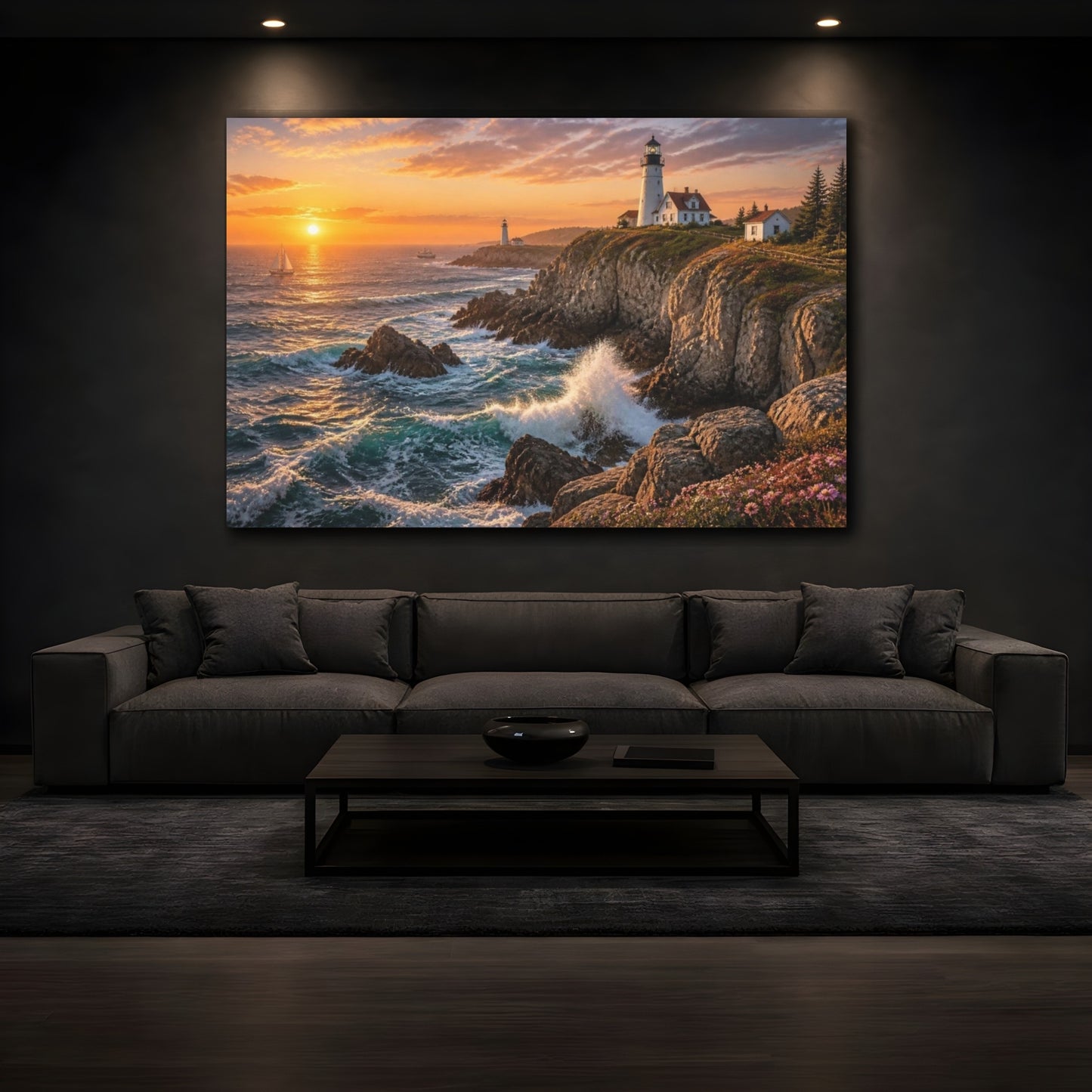 Mockup 3. Coastal Lighthouse Sunset Landscape shown as canvas print