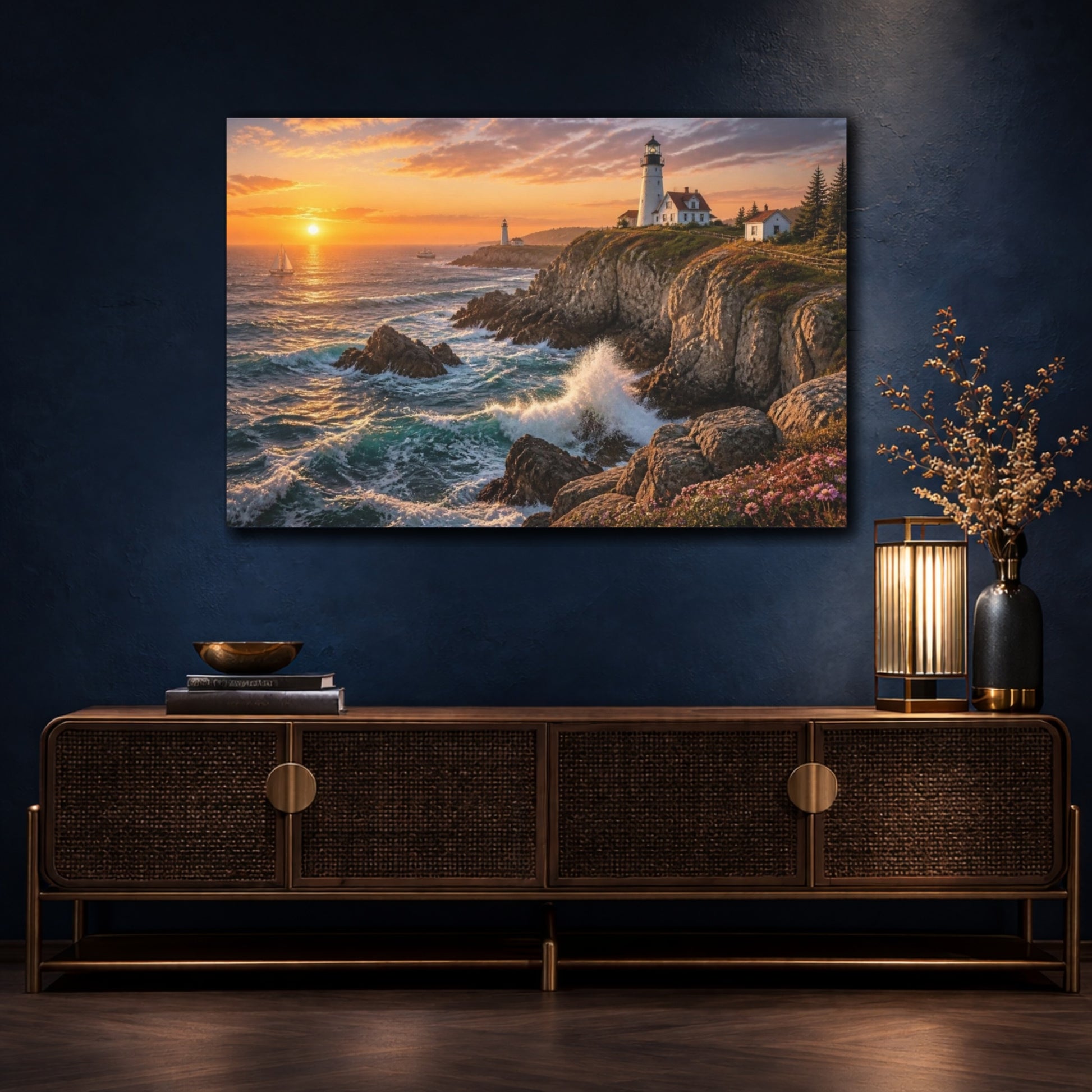 Mockup 4. Coastal Lighthouse Sunset Landscape shown as canvas print