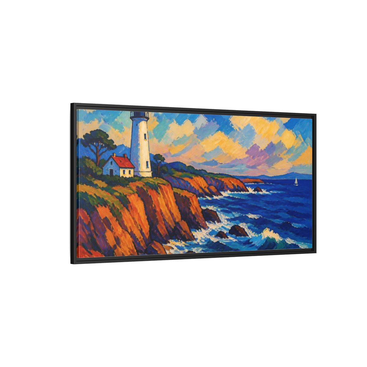 Side Mockup 5. Coastal Lighthouse Vista shown as framed canvas print