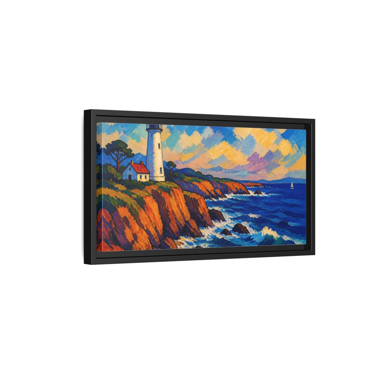 Side Mockup 8. Coastal Lighthouse Vista shown as framed canvas print