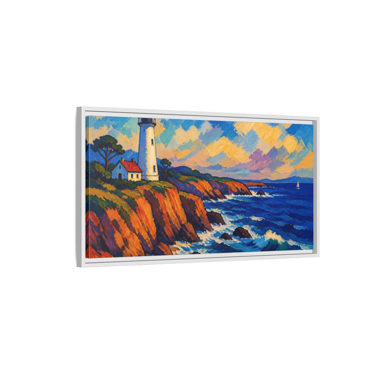 Side Mockup 1. Coastal Lighthouse Vista shown as framed canvas print