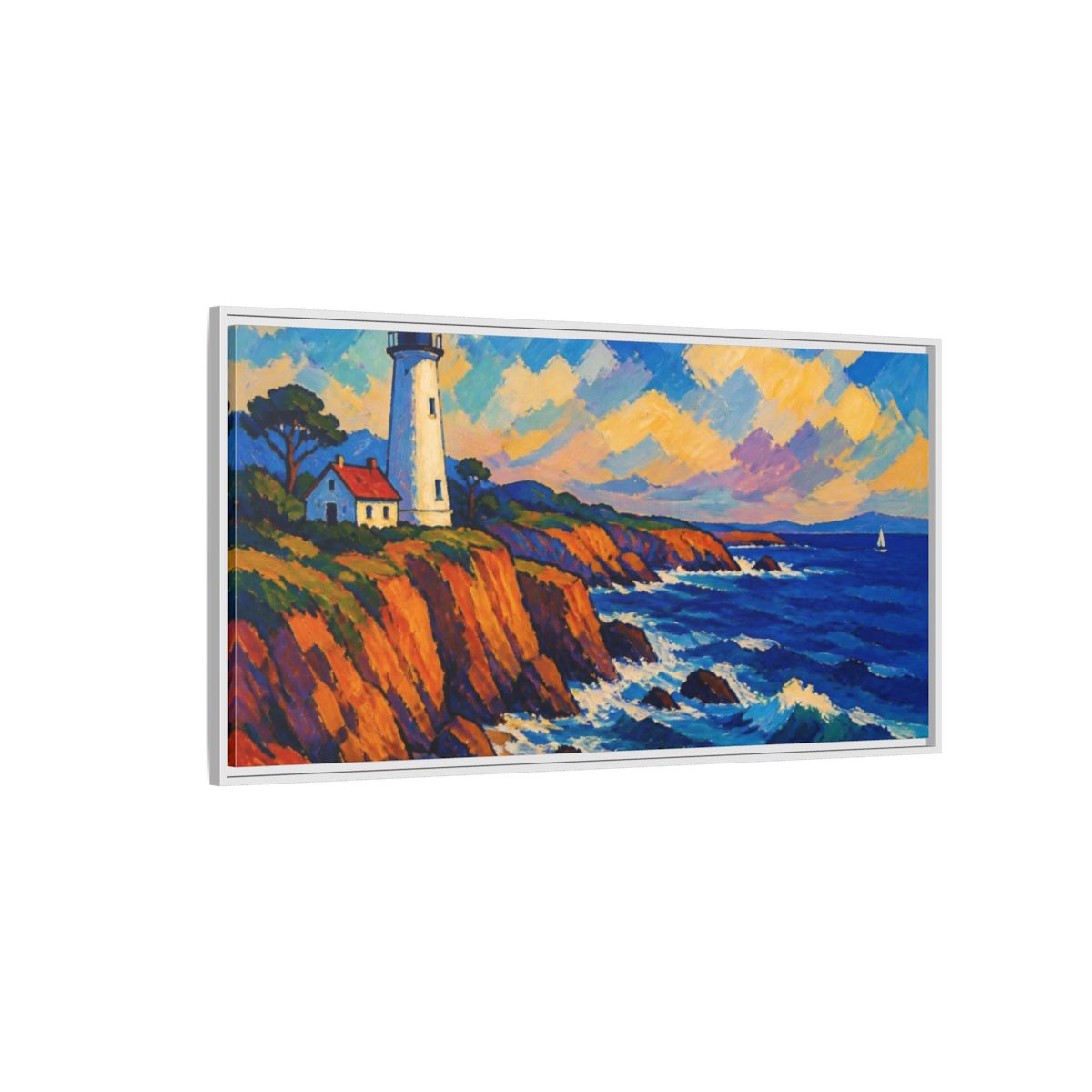 Side Mockup 3. Coastal Lighthouse Vista shown as framed canvas print