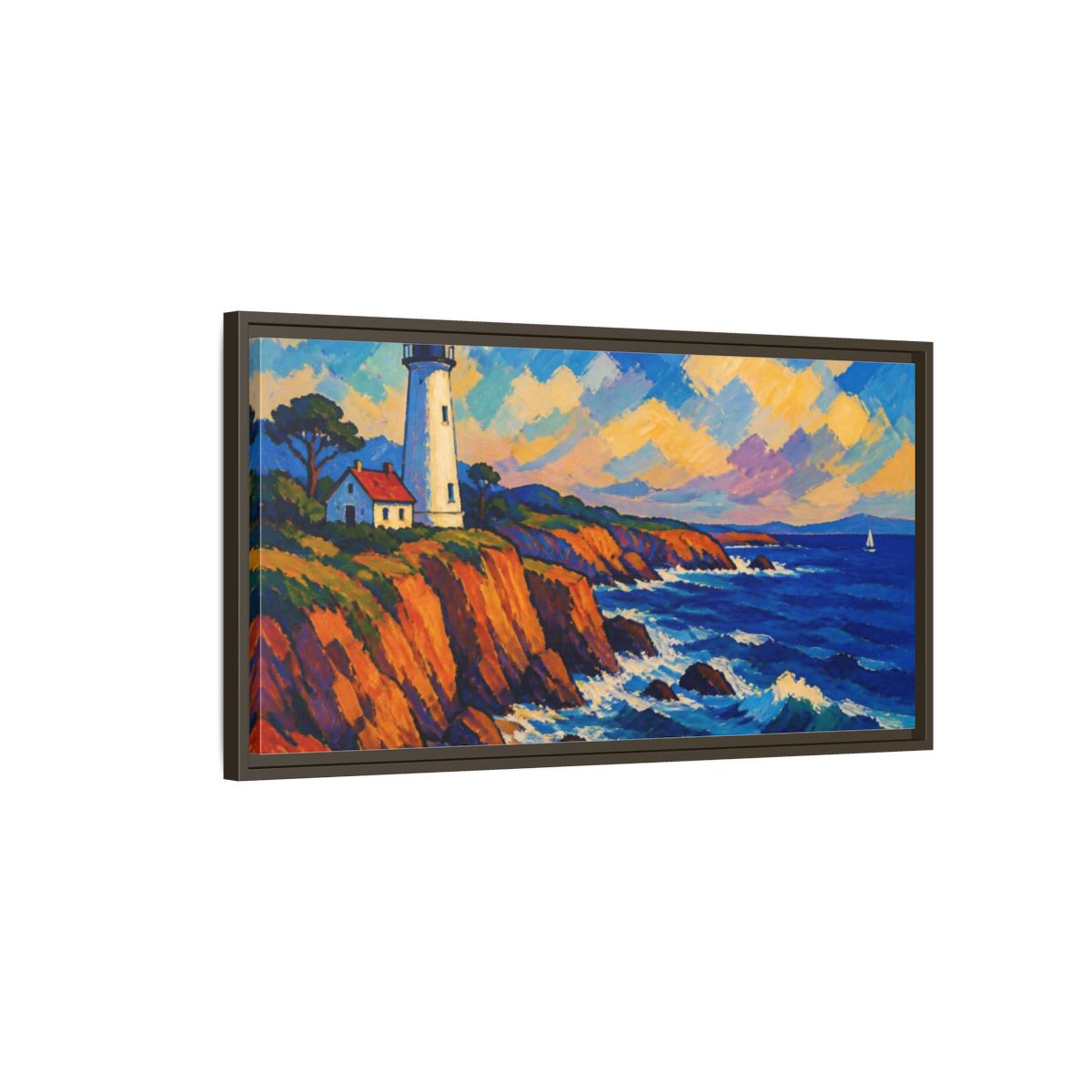 Main Mockup. Coastal Lighthouse Vista shown as framed canvas print