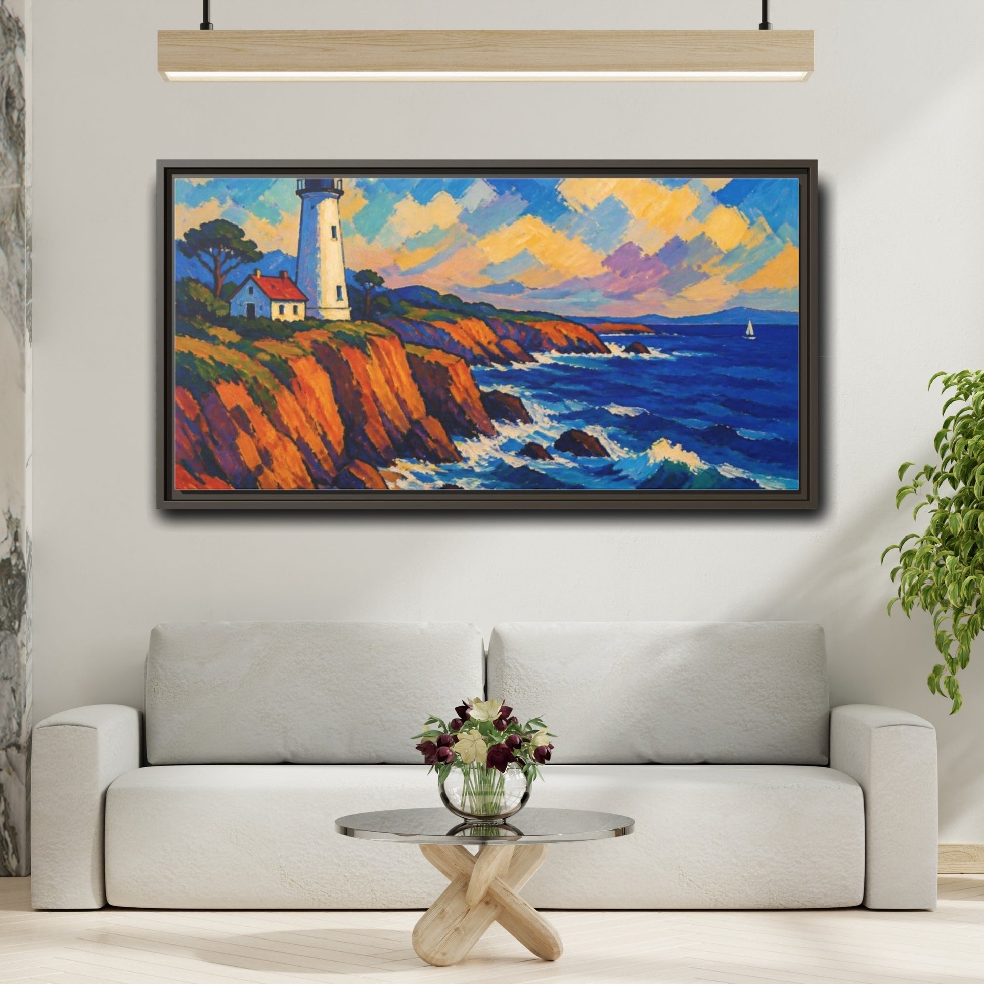 Mockup 2. Coastal Lighthouse Vista shown as framed canvas print