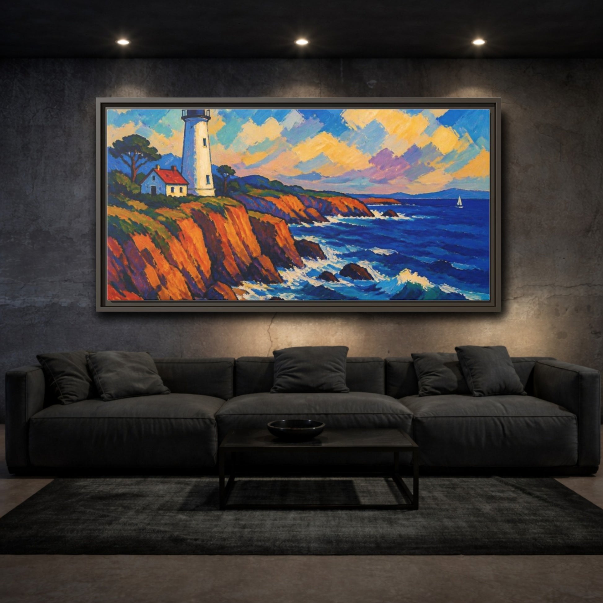 Mockup 3. Coastal Lighthouse Vista shown as framed canvas print
