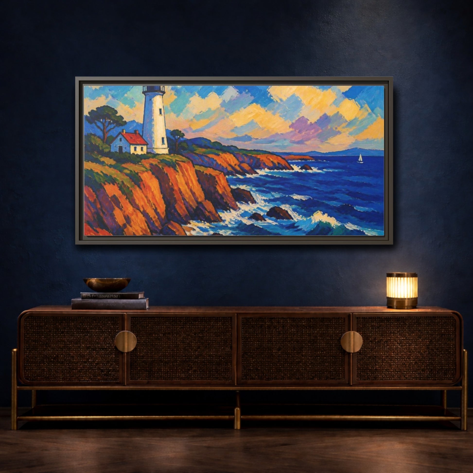 Mockup 4. Coastal Lighthouse Vista shown as framed canvas print