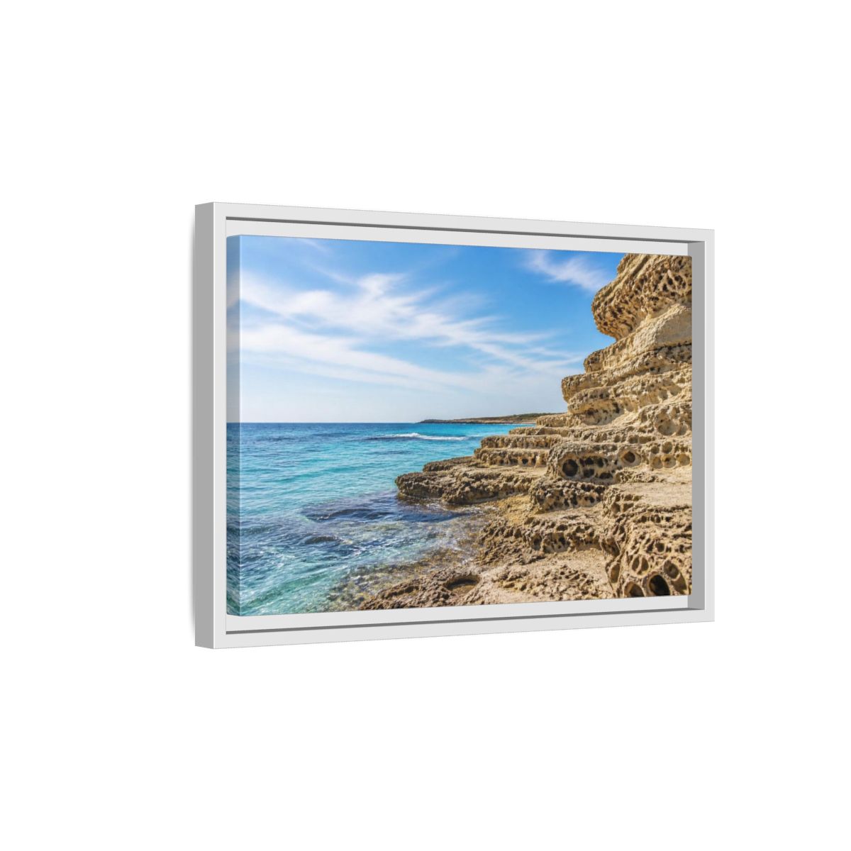 Side Mockup 4. Coastal Limestone Shore shown as framed canvas print