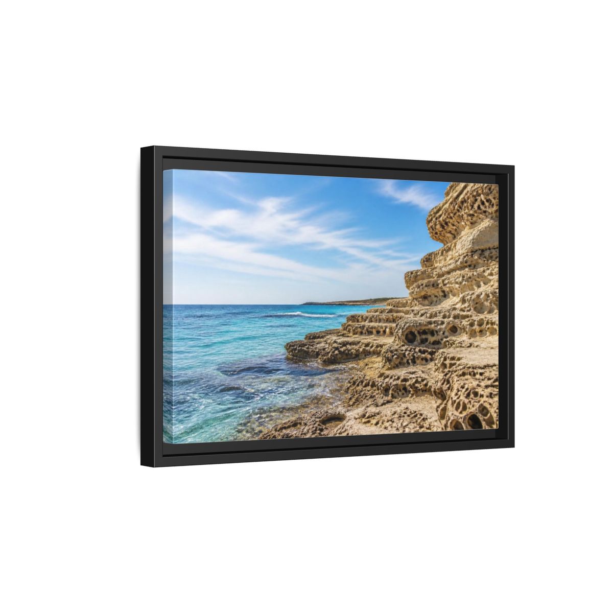 Side Mockup 6. Coastal Limestone Shore shown as framed canvas print