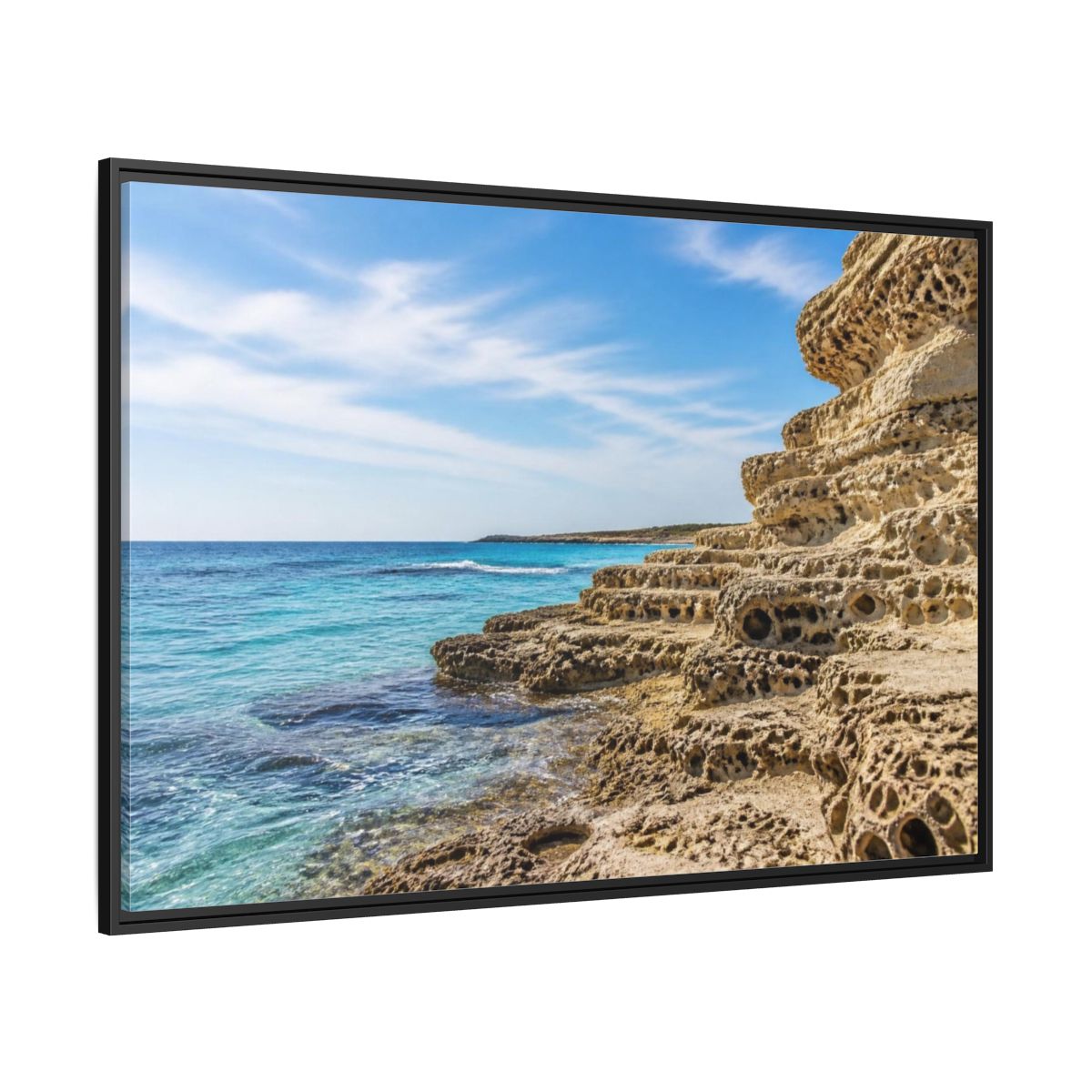 Side Mockup 12. Coastal Limestone Shore shown as framed canvas print