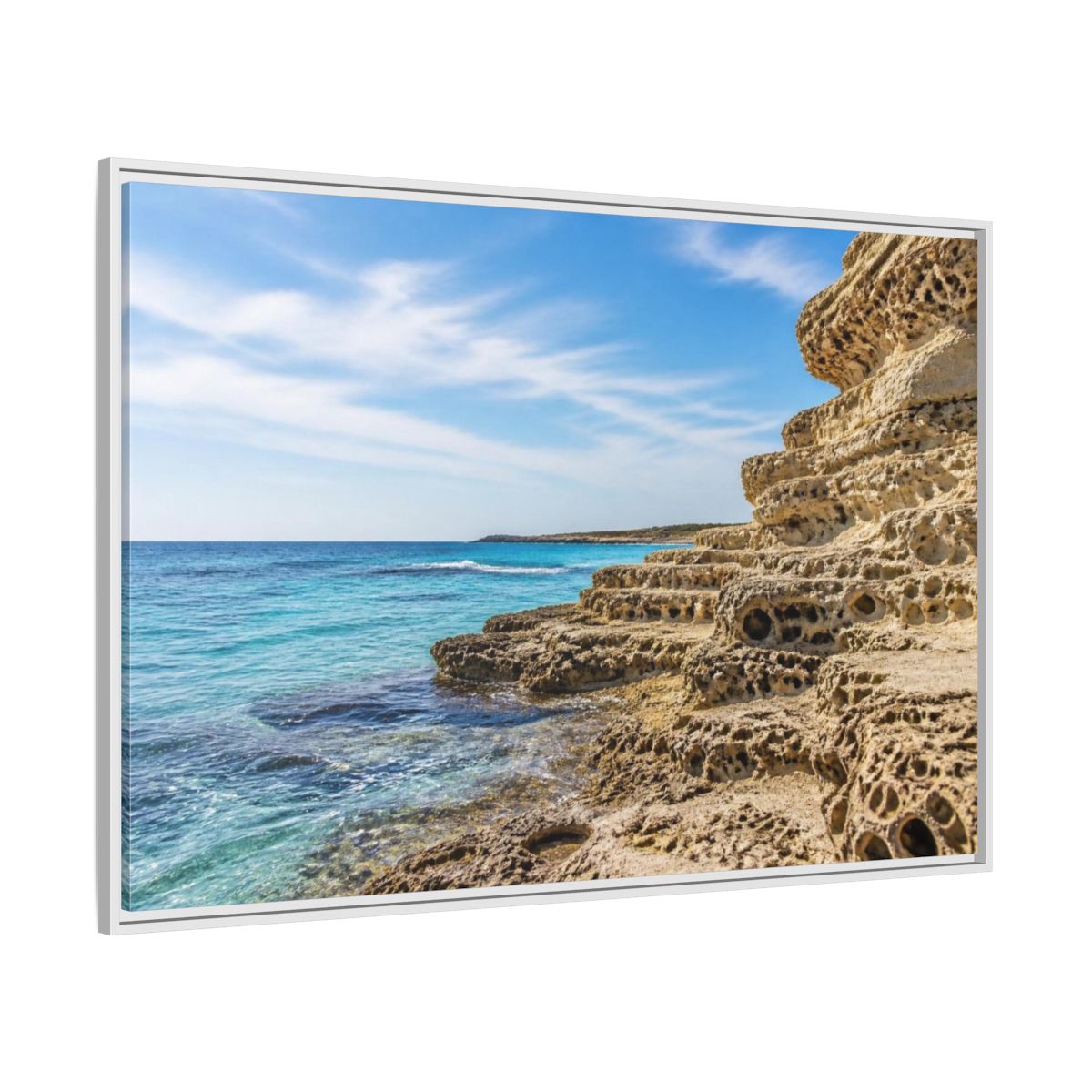 Side Mockup 7. Coastal Limestone Shore shown as framed canvas print