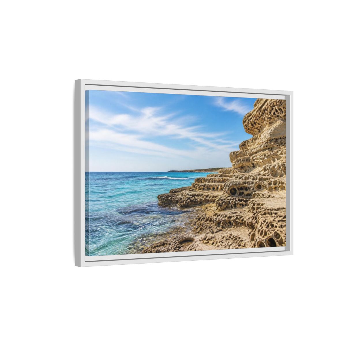 Side Mockup 1. Coastal Limestone Shore shown as framed canvas print
