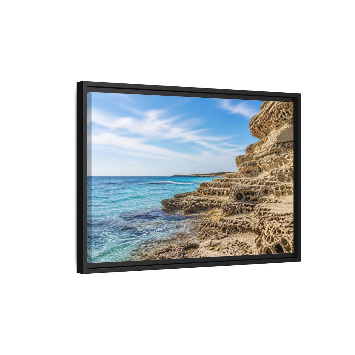 Side Mockup 3. Coastal Limestone Shore shown as framed canvas print