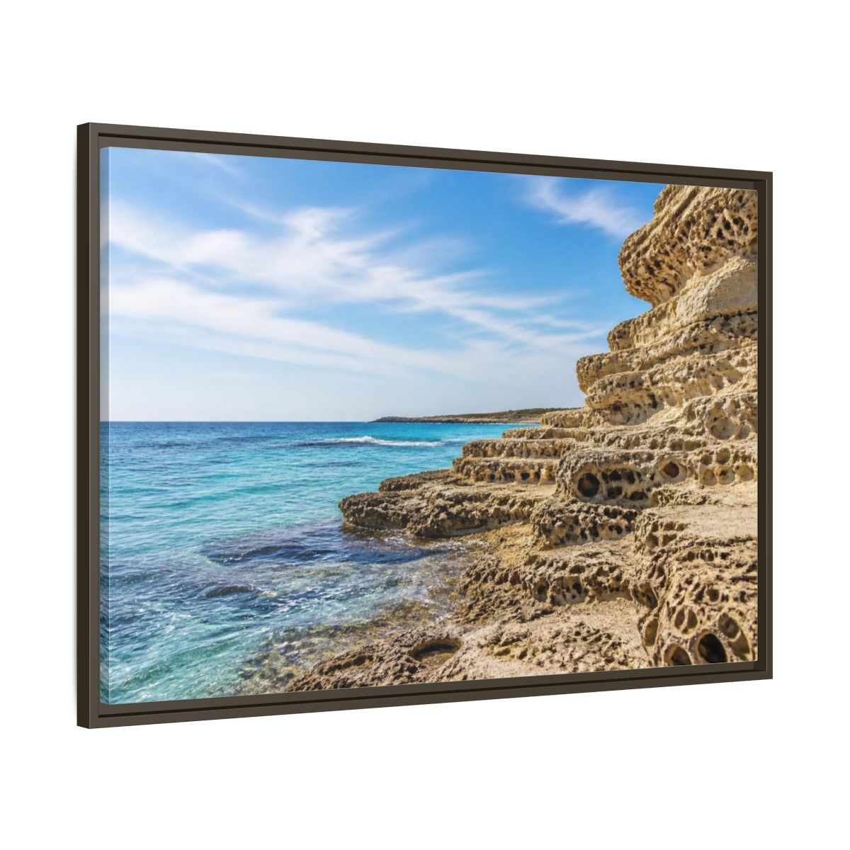 Main Mockup. Coastal Limestone Shore shown as framed canvas print