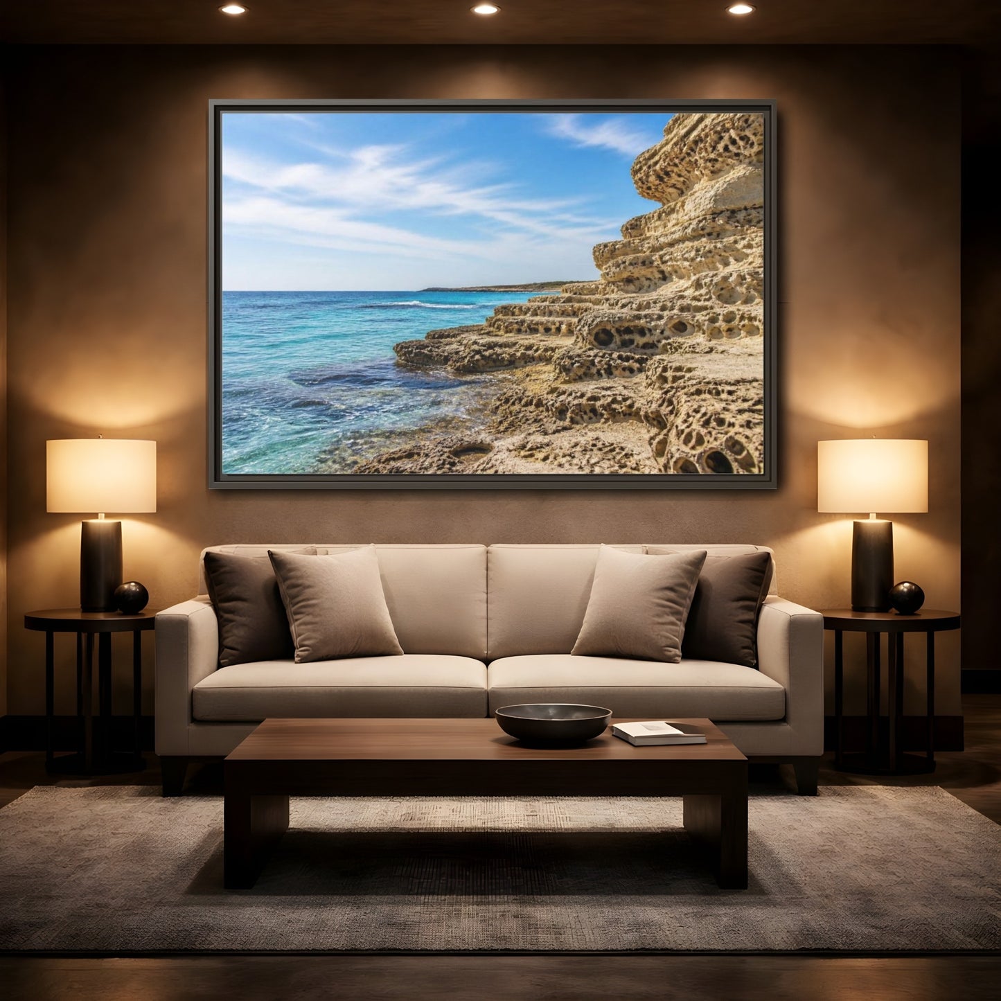 Mockup 2. Coastal Limestone Shore shown as framed canvas print