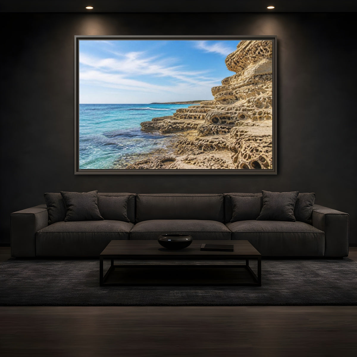Mockup 3. Coastal Limestone Shore shown as framed canvas print