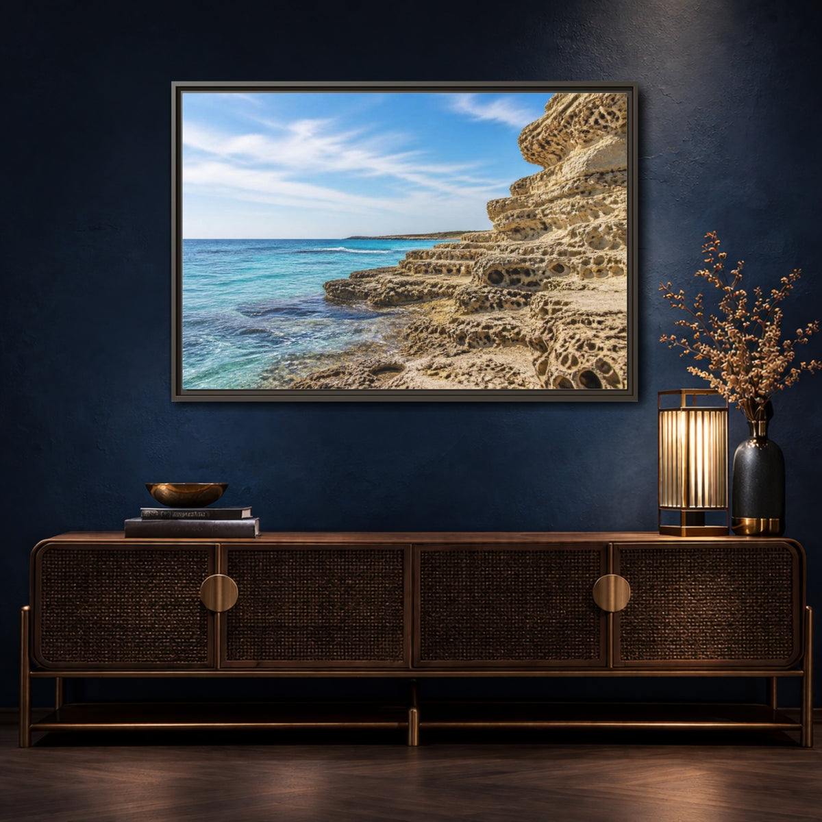 Mockup 4. Coastal Limestone Shore shown as framed canvas print