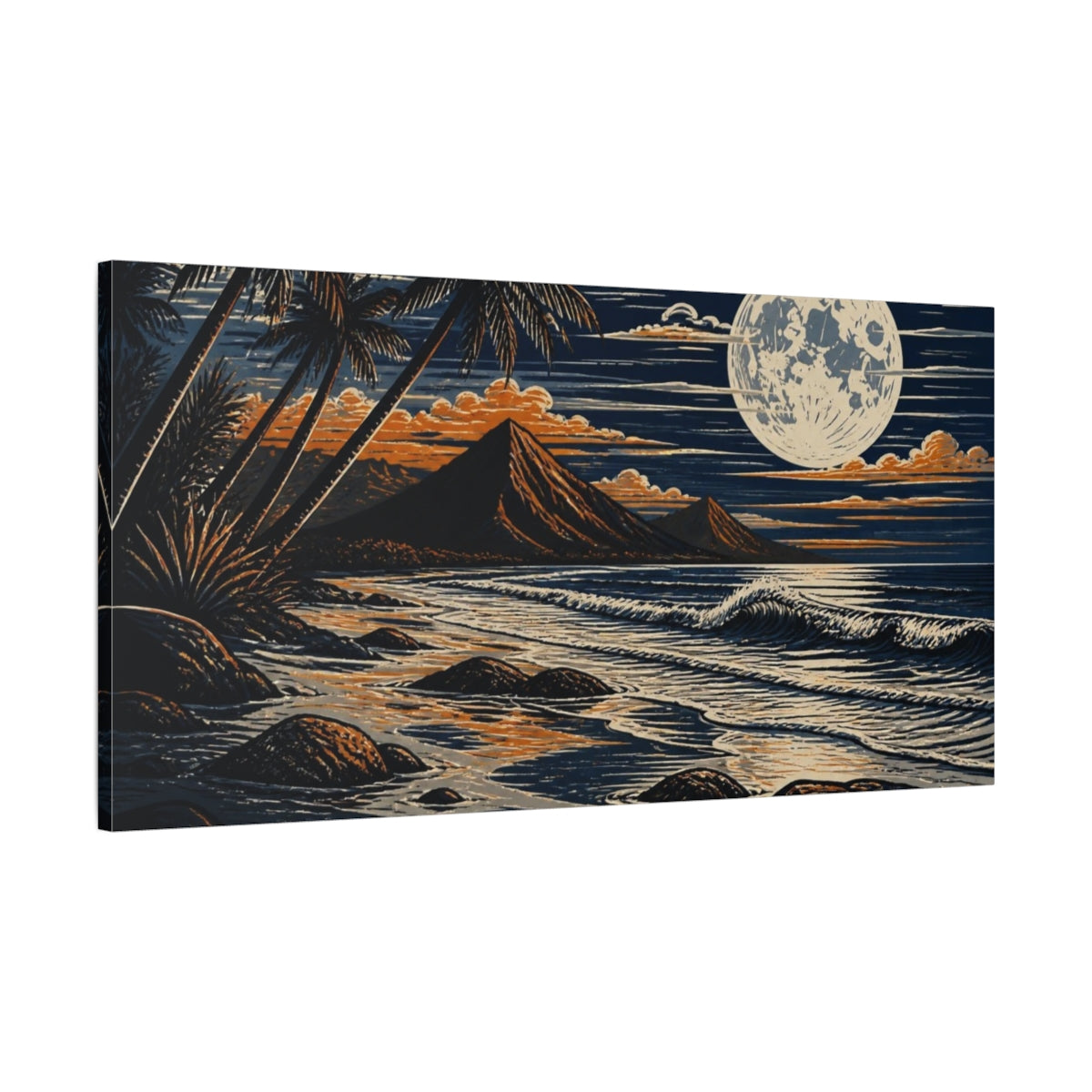 Main Mockup. Coastal Moonlit Beach shown as canvas print
