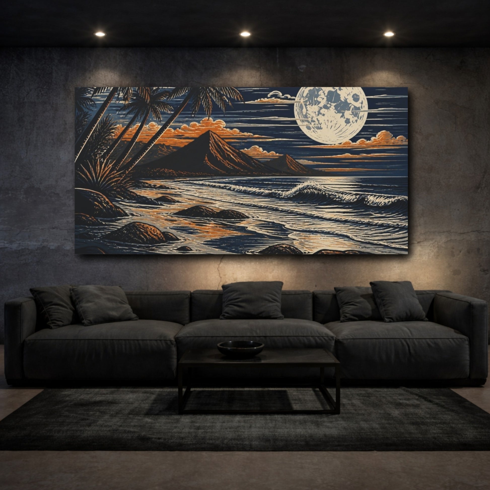 Mockup 3. Coastal Moonlit Beach shown as canvas print