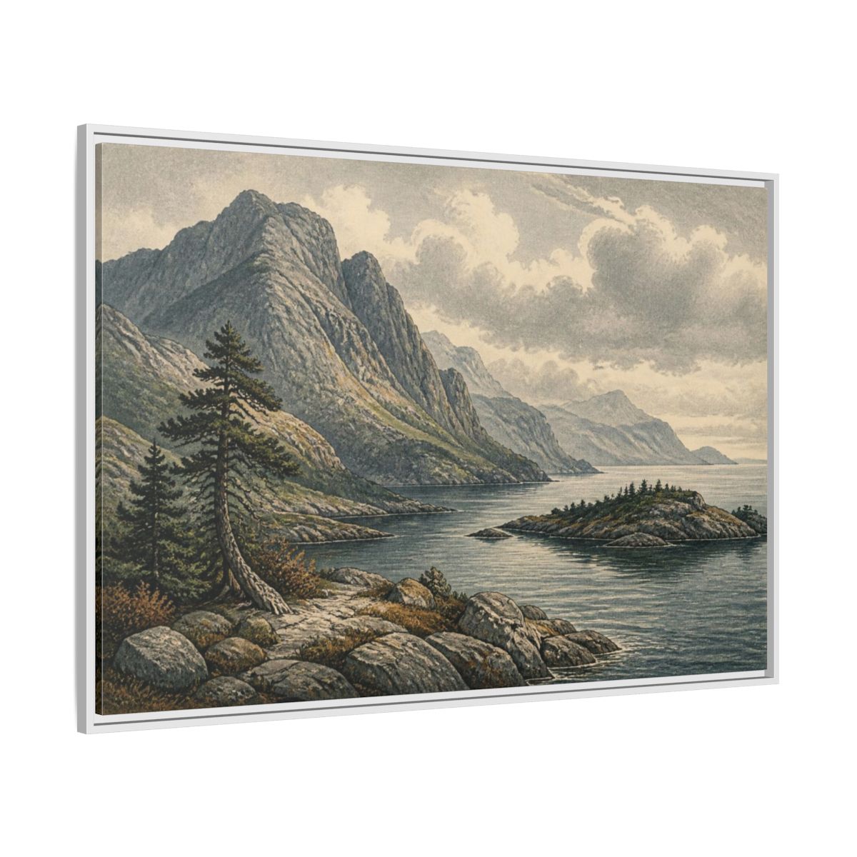 Side Mockup 7. Coastal Mountain Landscape shown as framed canvas print