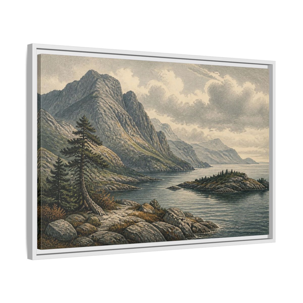 Side Mockup 10. Coastal Mountain Landscape shown as framed canvas print