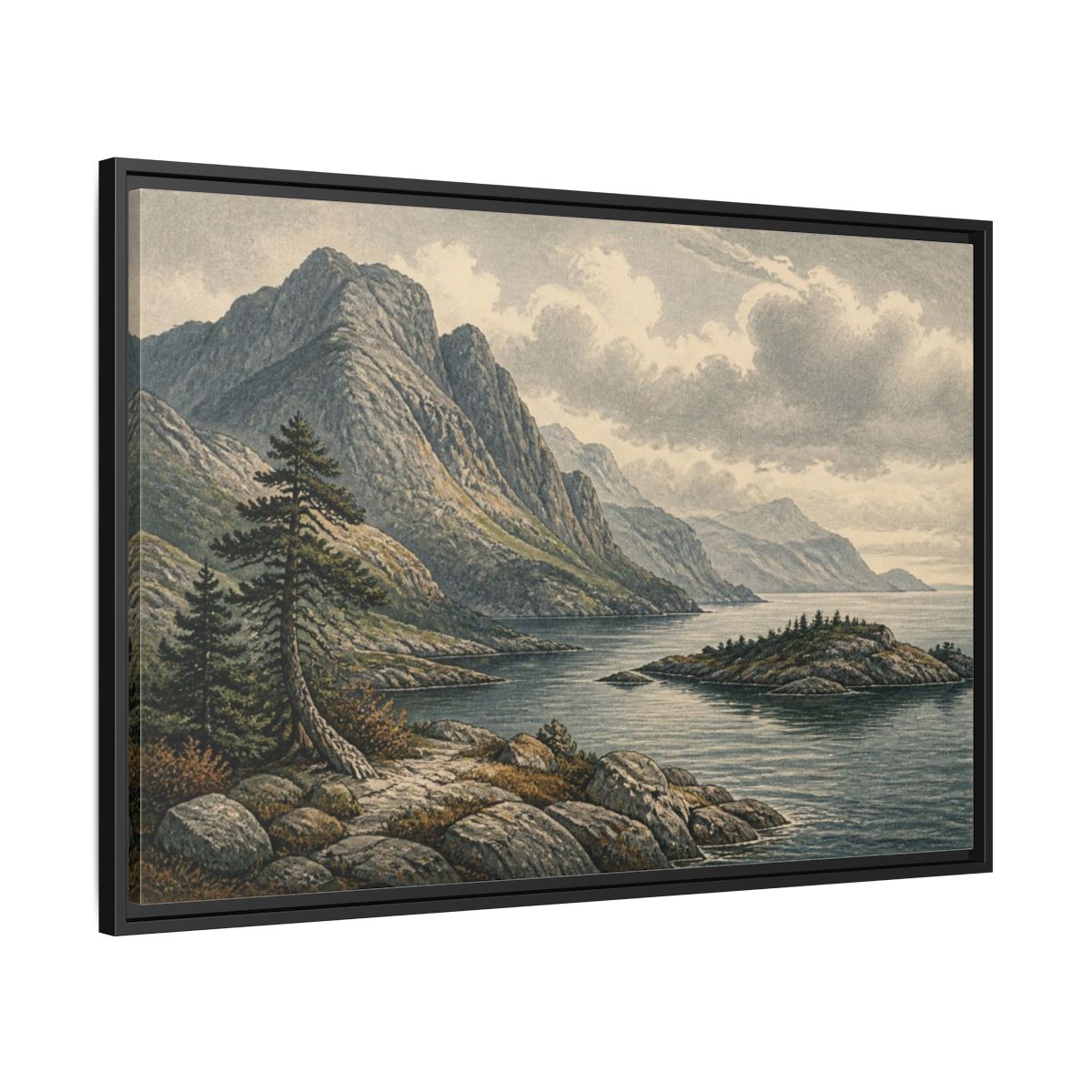 Side Mockup 13. Coastal Mountain Landscape shown as framed canvas print